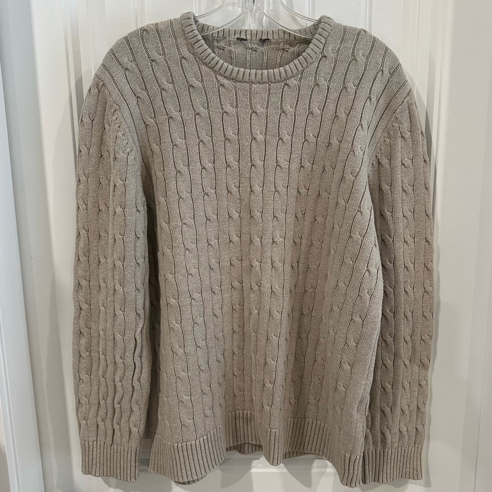 Men's Beige Cable Knit Fisherman Sweater - Tan Cotton